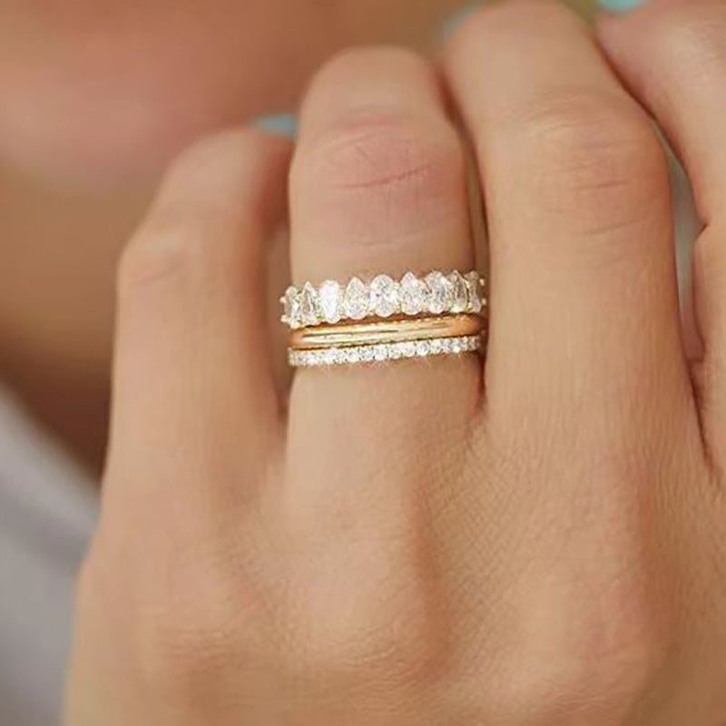 Zircon Ring Three Piece Wedding Banquet Inlaid Zircon Copper White Gold Yellow Gold For Female Size 6 7 8 9 10