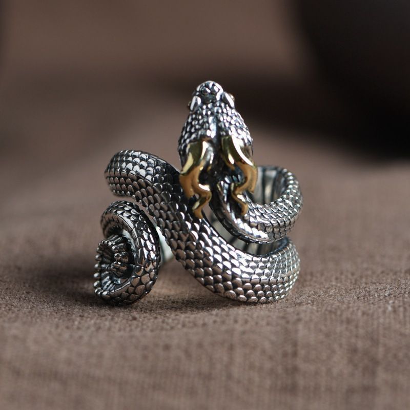 3D Snake Ring Open Mouth Design Electroplated Alloy Ring Two Tone Finish Geometric Shape Punk Jewelry For Everyday Wear