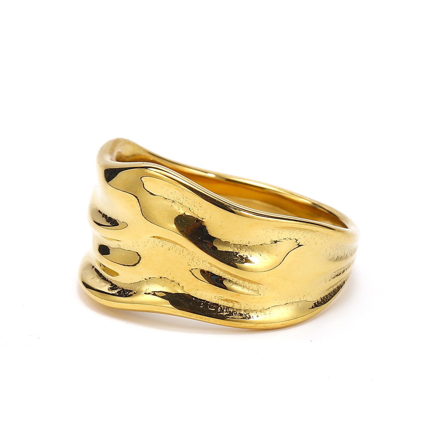 Womens Titanium Steel Ring Polished Irregular Pleated Band Gold Color Fashion Jewelry Size 6 Stylish Accessory
