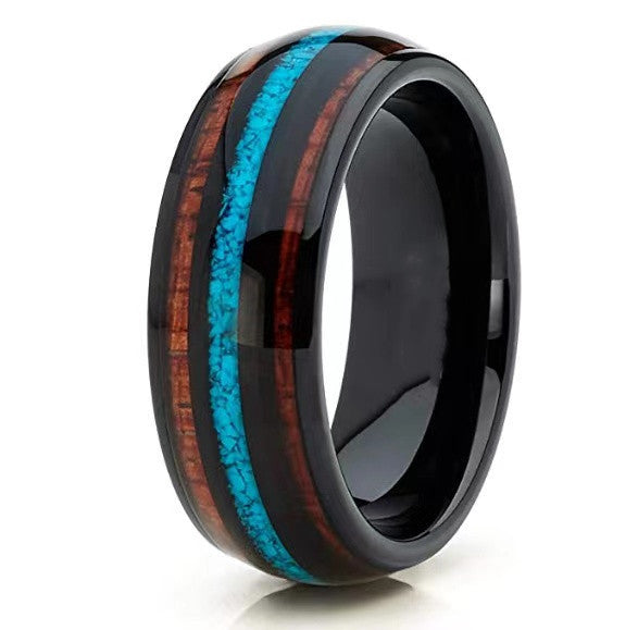 Unisex Tungsten Titanium Steel Ring With Three Grooves And Turquoise Inlaid Band Rings For Men And Women Black