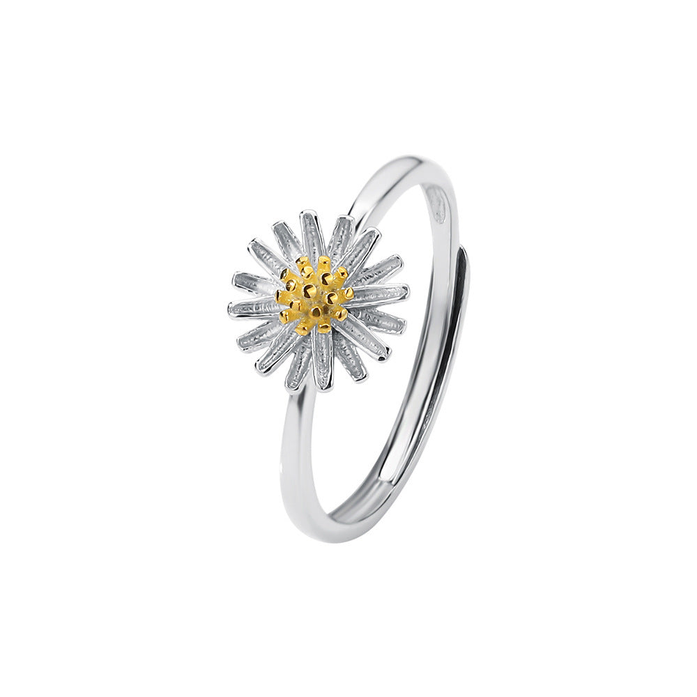 Yellow Daisy Flower Ring For Women Adjustable Silver