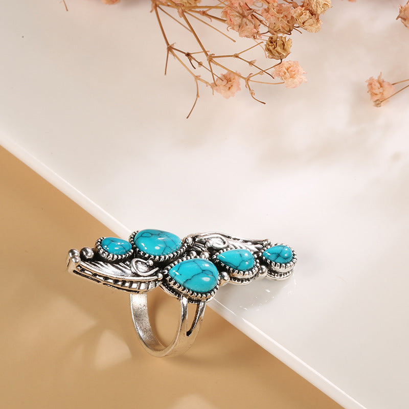 Alloy Ring Retro Geometric Design With Water Drop Blue Turquoise Accent For Her Fashion Jewelry Everyday Style