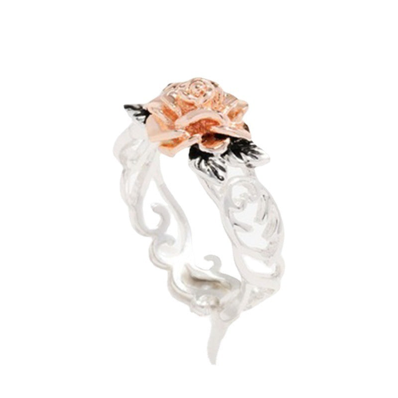 Womens Flowering Ring Silver And Rose Gold Electroplated Alloy Floral Ring With Gold Plated Gem Inlay European