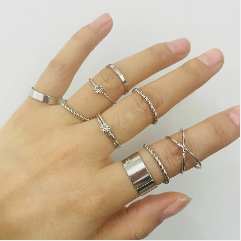 Winding Knot Ring Set 9 Piece Alloy Metal Rings With Artificial Gemstones Rhinestone Elements Wave Shaped Gold