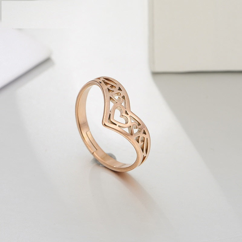 Womens Titanium Steel LoveHeart Ring Adjustable Opening Retro Ring With Metal Ethnic GeometricElements Fashion