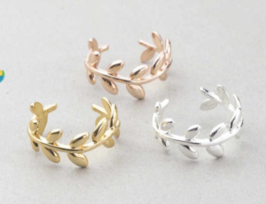 Adjustable Olive Leaf Ring Copper Silver Plated For Women