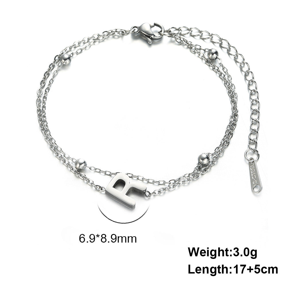 Womens Stainless Steel Double Layer Chain Bracelet With Initial Pendant Electroplated Finish Jewelry Gift Gold
