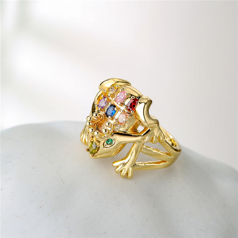 Zircon Micropaved Copper Frog Ring Geometric Adjustable Opening Womens Fashion Jewelry Gift with Copper Finish