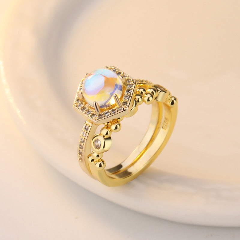 Moonstone Ring Yellow Gold Tone Copper Dainty Elegant Fashion Jewelry for Everyday Wear Anniversary Gift Accessory