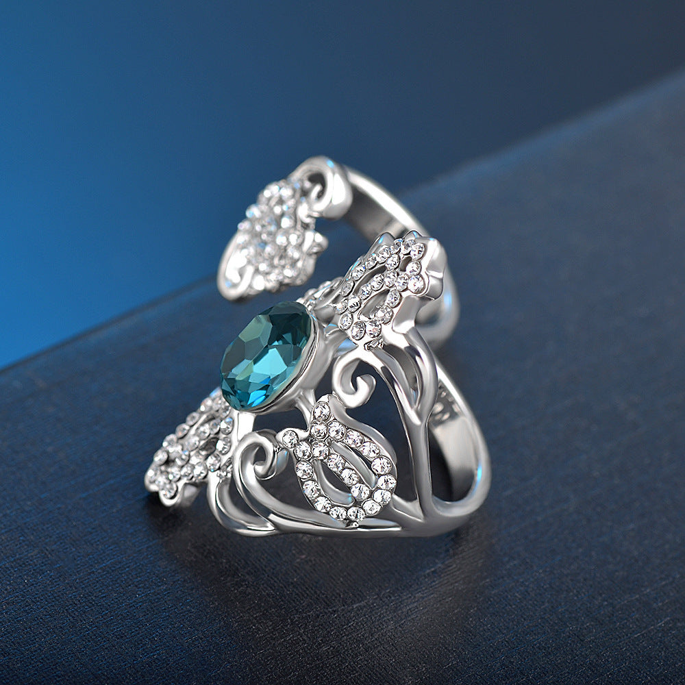 Bohemian Openwork Diamond Gemstone Double Ring Gold Plated Flower Design Jewelry For Women Elegant Fashion Accessory