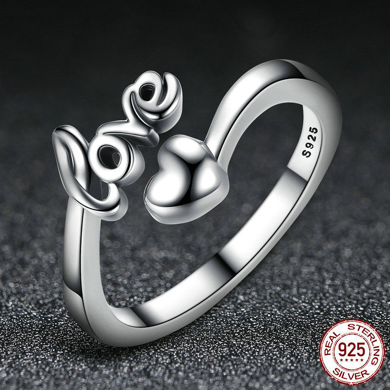 Sterling Silver Love Letter Ring for Women 925 Silver Oxidized Finish Ring Romantic Gift for Her Elegant Design Ring