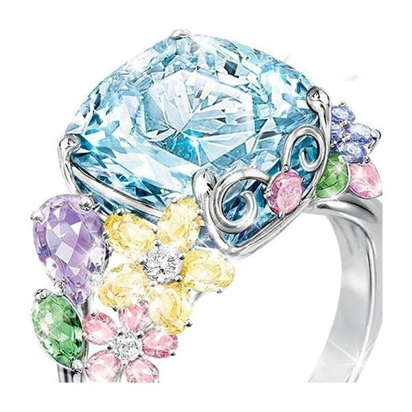 Gold Plated Alloy Ring Square Princess Gem Inlay For Women