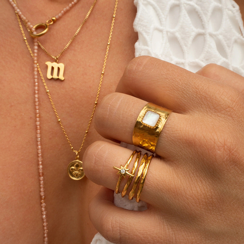 Women Fashion Retro Stainless Steel Inlaid Fritillary Ring Adjustable Split Band Elegant Flower Motif Jewelry Gift Idea