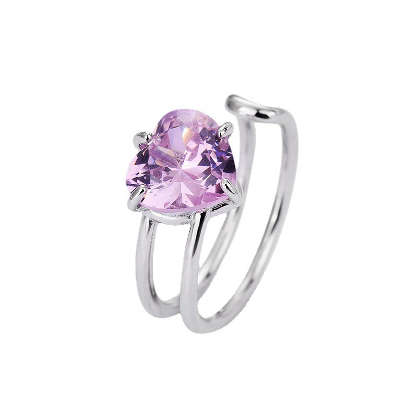 Women Heart Ring Adjustable Opening White Gold Plated Copper With Zircon Elegant Heart Shaped Jewelry Sparkles