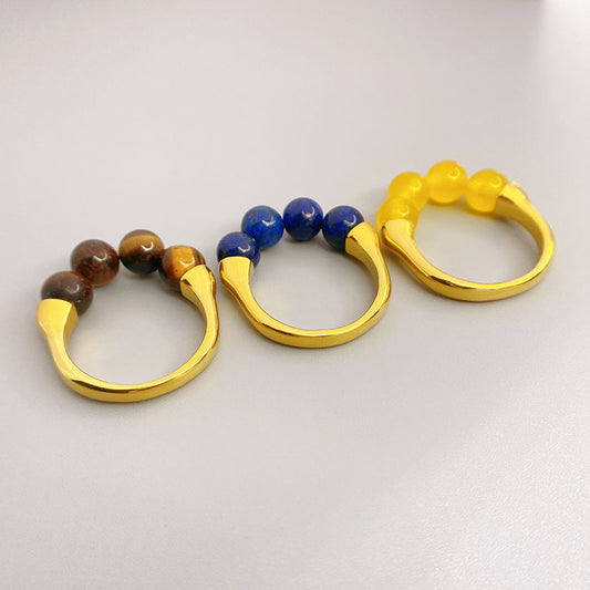 Copper Beaded Ring Geometric Retro Style With Blue Lapis Lazuli And Brown Tiger Eye Gemstones For Women Everyday Wear