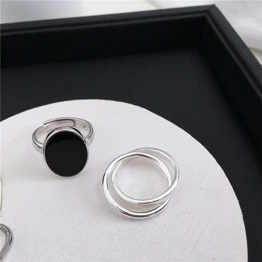 Womens Sterling Silver Ring Black Round Medal Cross Korean Geometric Design 925 Silver Adjustable Open Fashion