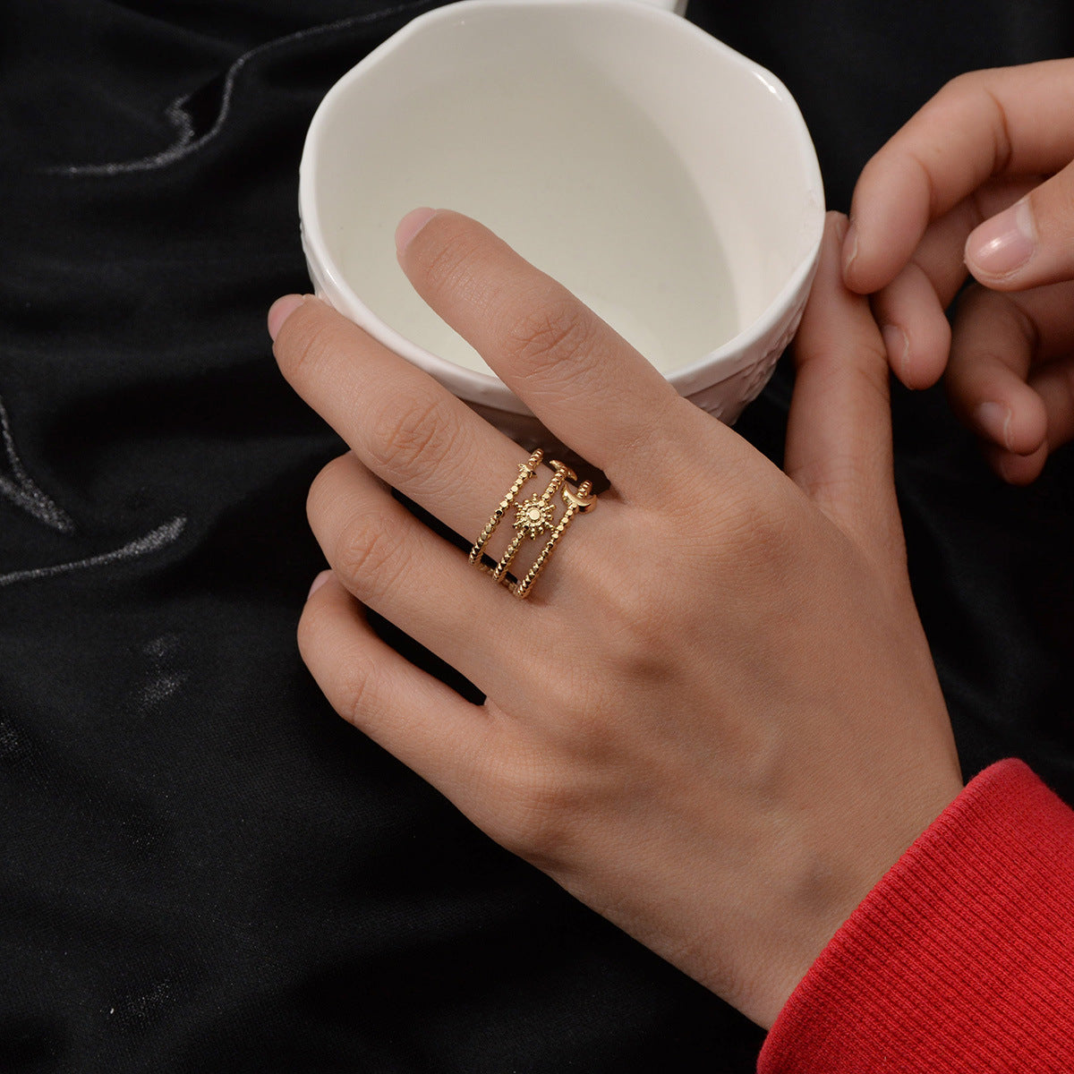 Gold Stainless Steel Ring Floral Hollow Out Design Adjustable Fashion Jewelry Accessory Elegant Gift For Women