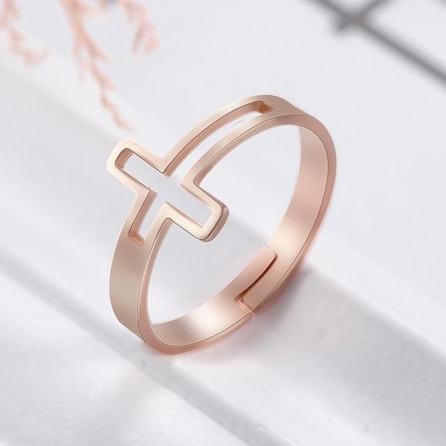 Womens Stainless Steel Cross Ring Adjustable Open Band Fashion Jewelry Gold White Rose Gold Colors Gift Birthday