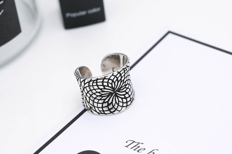 Vintage Wide Ring With Text Lettering Polished Silver