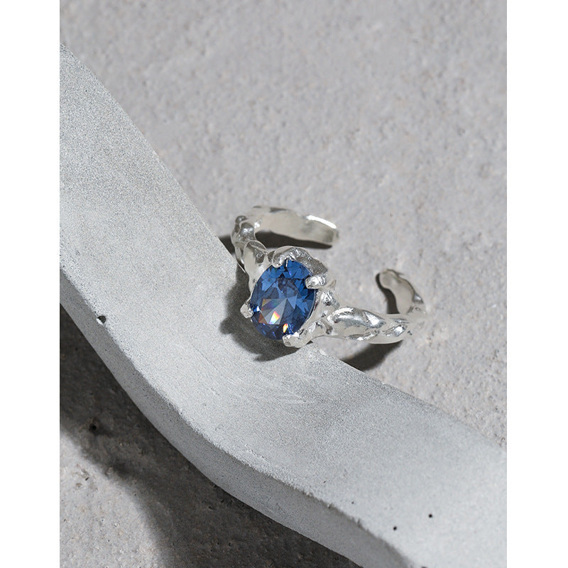 Womens Silver Ring Adjustable Open Ring Geometric Design Irregular Surface Micro Inlaid Zirconia Electroplated