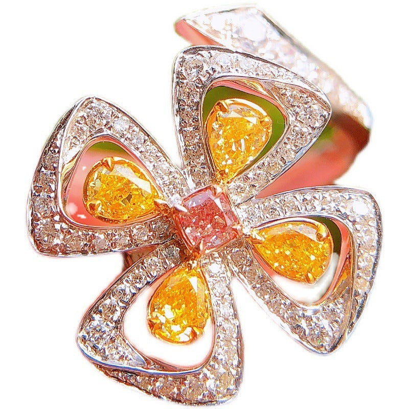 Yellow Diamond Four Leaf Clover Crystal Ring For Women Copper Plated Zircon Jewelry Elegant Everyday Glam Look