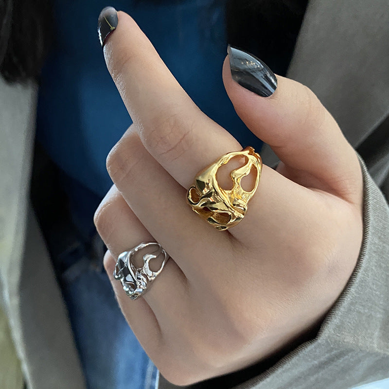 Geometric Silver Plated Adjustable Ring With Irregular Hollow Design For Women Elegant Everyday Accessory Chic