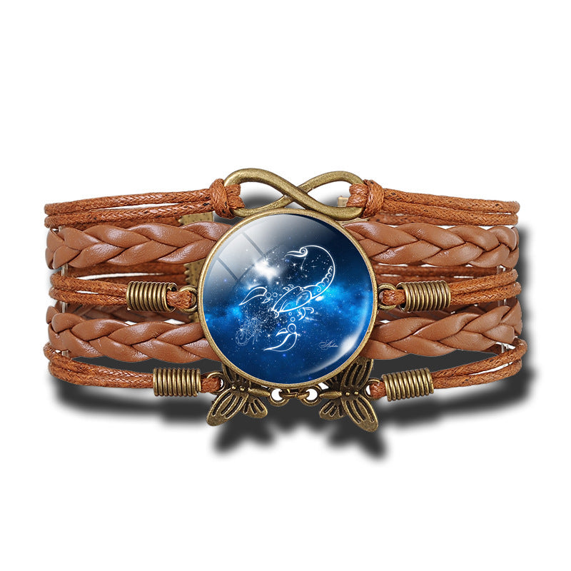Woven Constellation Leather Bracelet Adjustable Vintage Style with Gemstone Pendant and Extender Chain Jewelry