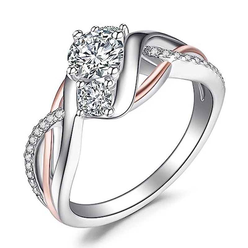 Zircon Shiny Ring Womens Geometry Pattern Fashion Band Two Tone Elegant Circle Jewelry Daily Wear For All Week