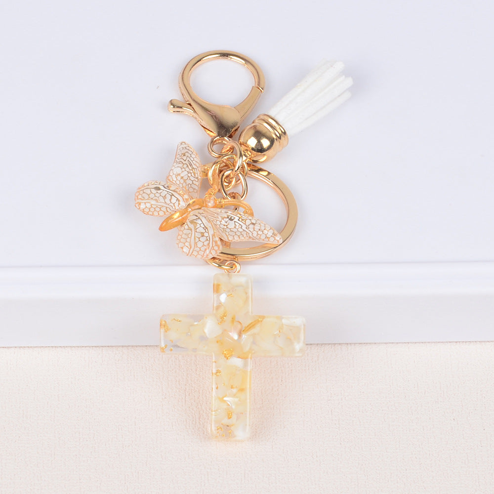 Alloy Keychain With Tassel Butterfly Stone And Epoxy Decoration Cross Crown Roman Numerals Patterns Pink Beige