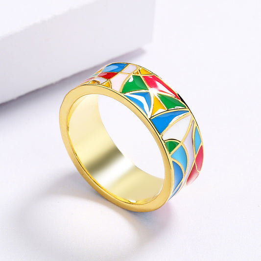 Colorblock Vintage Enamel Gold Plated Epoxy Ring For Women