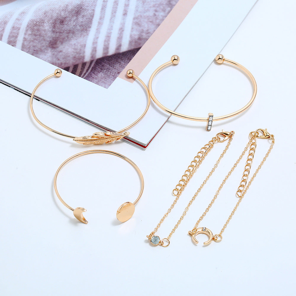 Womens Vintage Bracelet Set Crescent Feather and Leaf Design Rhinestones Crystal Inlay Zinc Alloy Jewelry Ring