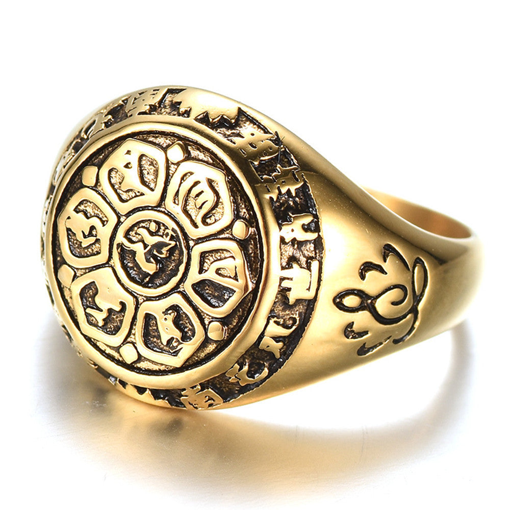 Alloy Ring Lotus Mantra Guanyin Peace Amulet Gold Plated Inlaid Jewelry Unisex Gift For Travel Memorial Unique
