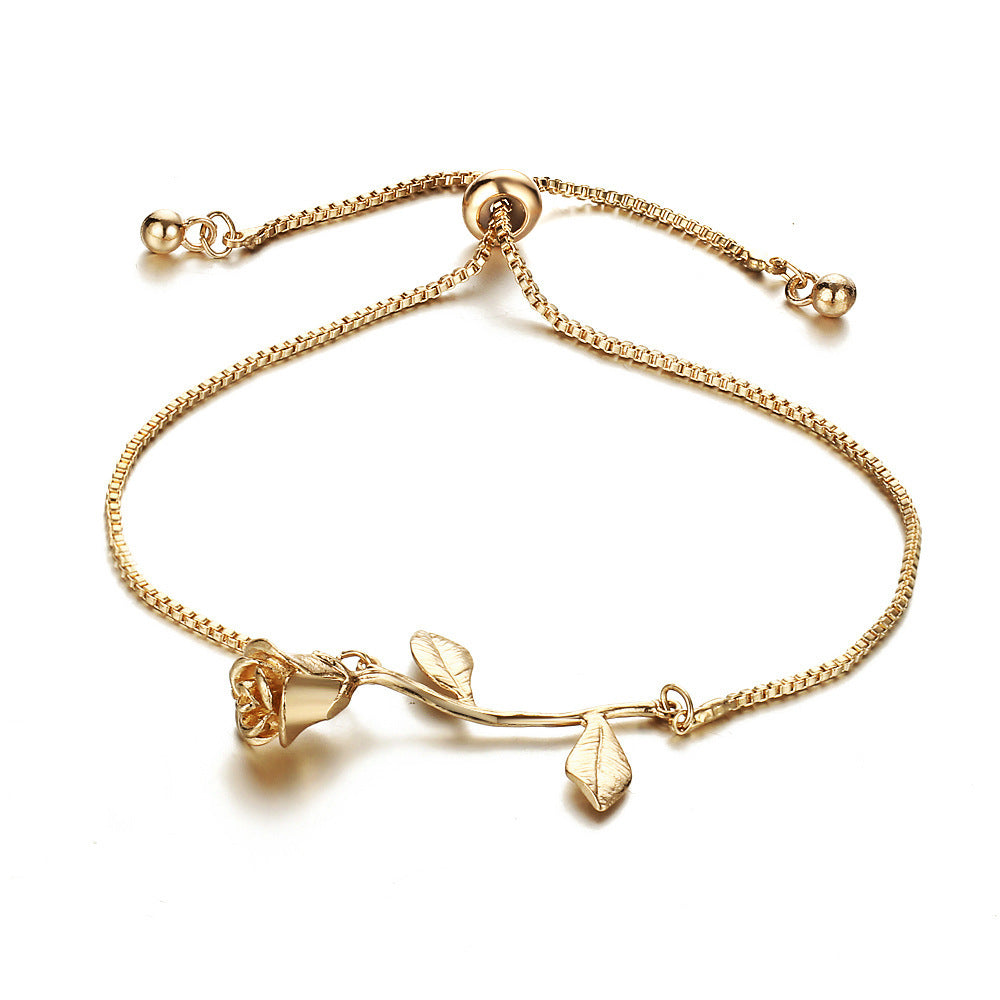 Womens Rose Bracelet Elegant Alloy Metal Electroplated Korean Design Bangle Delicate Rose Flower Adjustable Fashion