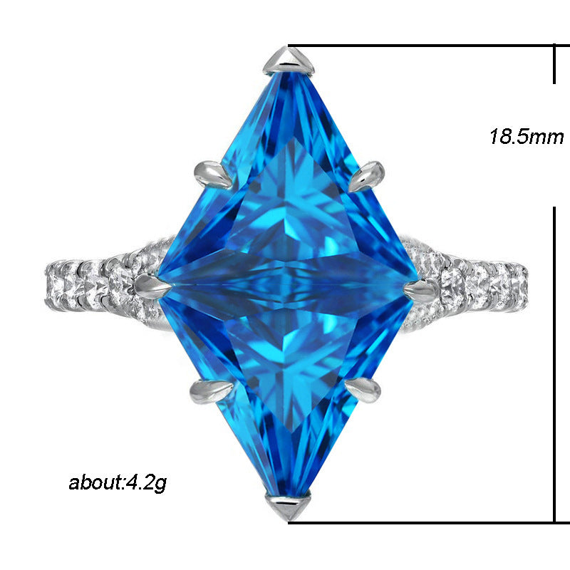 Womens Exaggerated Hollow Blue Triangle Diamond Accent Copper Geometric Ring Party Jewelry Elegant Unique Blue