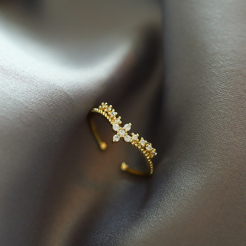 Adjustable Copper Index Finger Ring Korean Geometric Design Alloy Inlaid Gem Electroplated Gold Rose Finish Shine Style