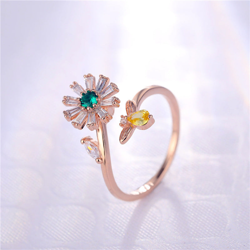 Bee Daisy Rotating Ring Gold Plated Zircon Adjustable Opening Nature Inspired Durable Everyday Jewelry Durable