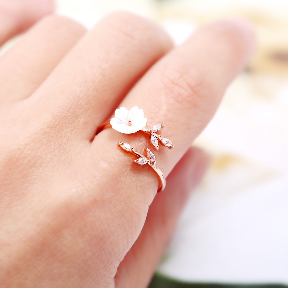 Rose Gold Plated Open Ring With Zircon Branches And Leaves Design Copper Adjustable Rings Shell Flower Details