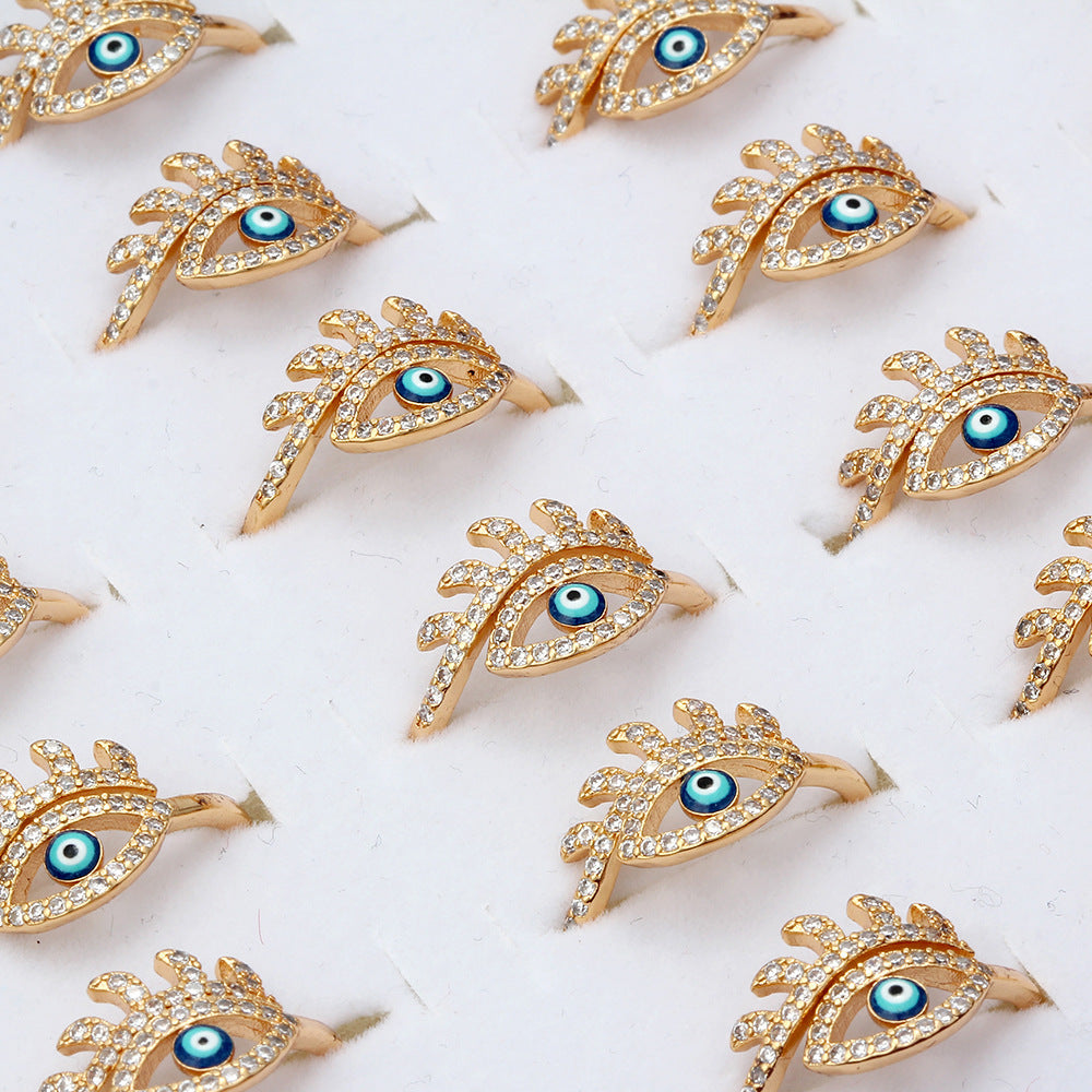 Womens Adjustable Diamond Inlaid Eye Ring Gold Plated Copper Geometric Fashion Jewelry Travel Souvenir Gift Durable