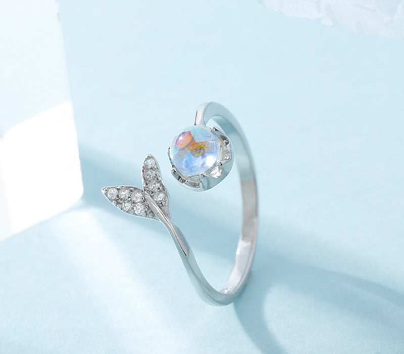Womens 925 Sterling Silver Ring with Aurora Moonstone and 3A Zircon Fishtail Design Adjustable Opening Index Finger Ring White Gold Mermaid Ring