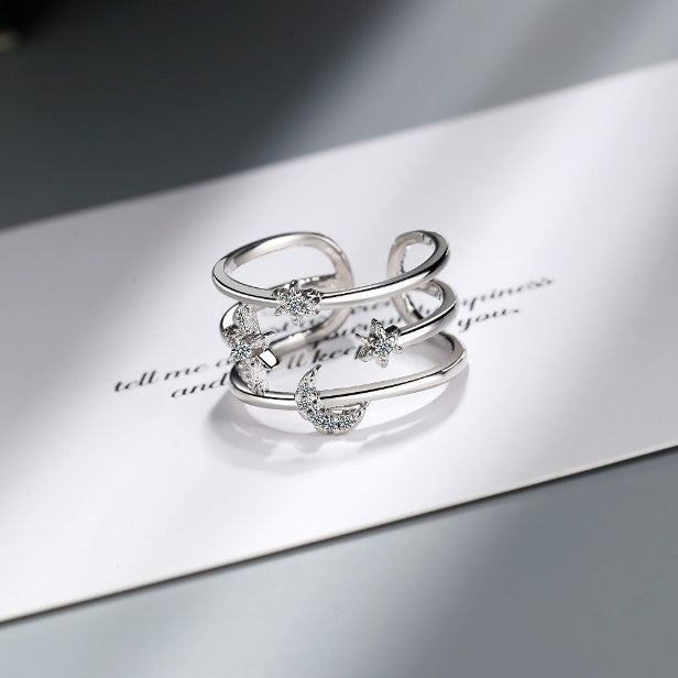 Star Moon Ring Silver Korean Style Inlaid Crystal Text Letters Jewelry Adornment for Wedding Gift and Modern Romance