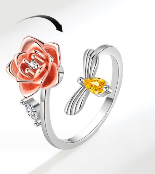 Womens Adjustable Rotating Sunflower Ring Zircon Inlaid Copper White Color Plated Durable Fashion Jewelry Gift