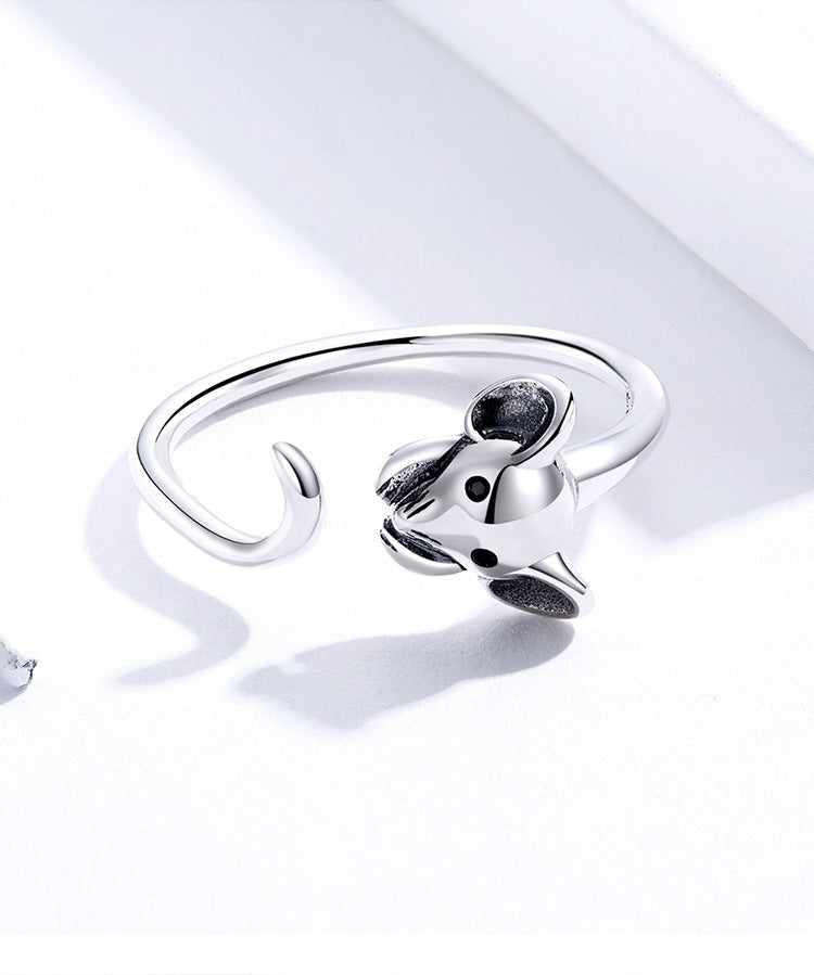 Sterling Silver Animal Ring Cute Mouse Inlaid Gemstone Geometric Ring For Women Girls Thin Band S925 Ring Ring