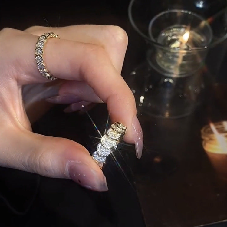 Womens Zircon Ring Gold Plated Copper Geometric Wave Scale Coin Inlay Adjustable Fashion Jewelry Elegant Everyday Wear