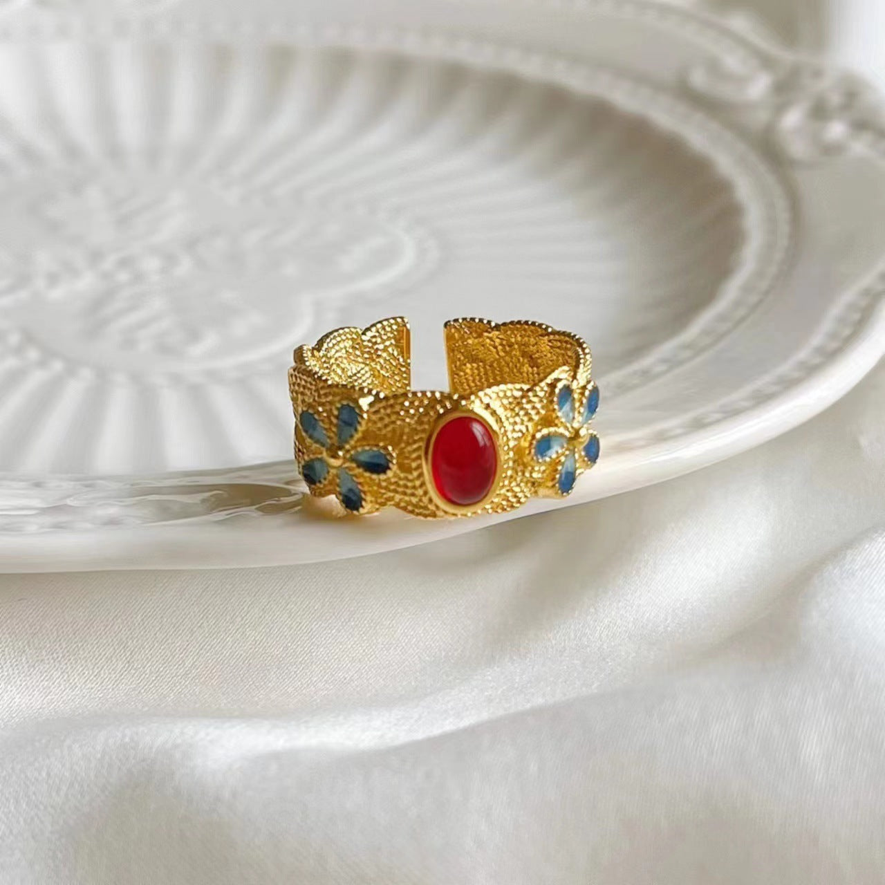 Adjustable Gold Plated Copper Ring With Silk Inlay In Burnt Blue Retro Lotus Orchid Design Open Ring For Women