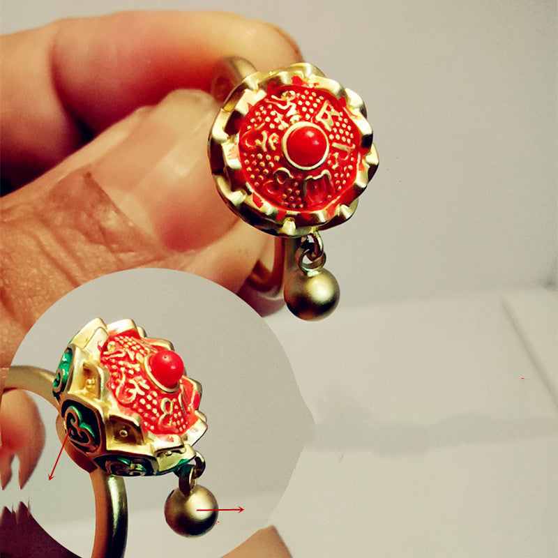 Buddhist Rotating Ring Six Character Mantra Turning Cylinder Copper Enamel Lotus Meditation Ring Transfer Ring