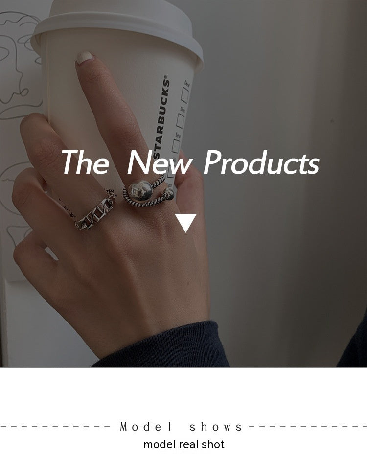 Womens Copper Chain Ball Index Finger Ring Vintage Adjustable Opening Geometric Hollow Design Jewelry Gift