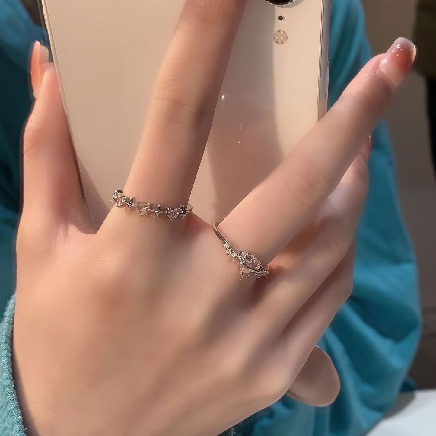 Adjustable Heart Ring For Women Pink Zirconium Silver