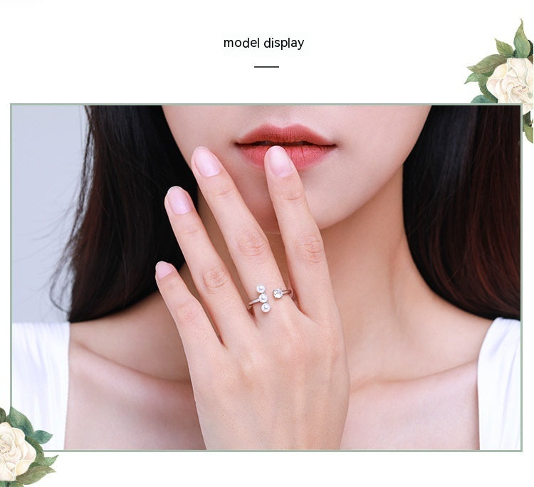 Womens Sterling Silver Ring With Pearl Adjustable Geometric Ring European Design S925 Silver Ring Round And Line