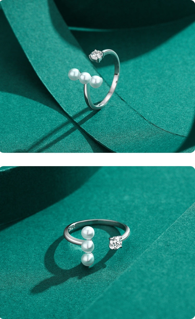 Womens Sterling Silver Ring With Pearl Adjustable Geometric Ring European Design S925 Silver Ring Round And Line