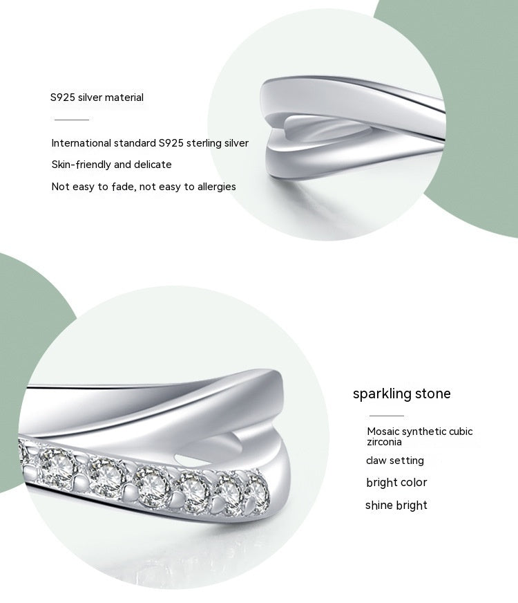 Womens Sterling Silver Ring Gold Plated Gemstone Inlay Geometric Cross Line Design Korean Fashion Travel Inlay